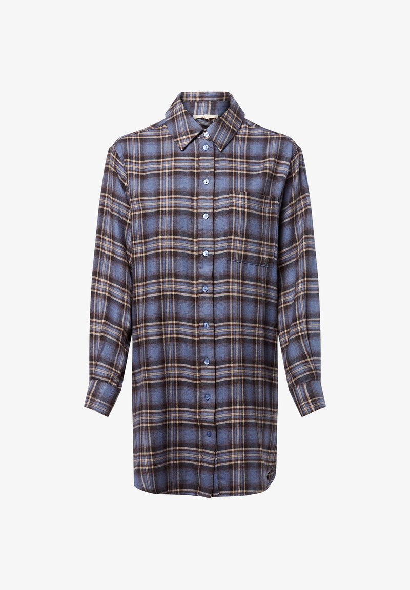 Niebiesko-brązowa koszula w kratę zapinana na guziki, z długimi rękawami, kołnierzykiem i jedną kieszenią na piersi. Posiada jasnoniebieskie guziki oraz miękką fakturę.