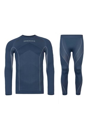 Marinefarbener thermischer Basisschicht-Set mit langärmeligem Oberteil in Rippstruktur und passenden Leggings, beide mit reflektierenden Akzenten.