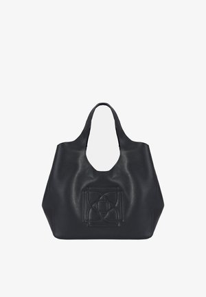 Sac fourre-tout en cuir noir avec des poignées arrondies et un motif géométrique carré texturé embossé au centre avant.