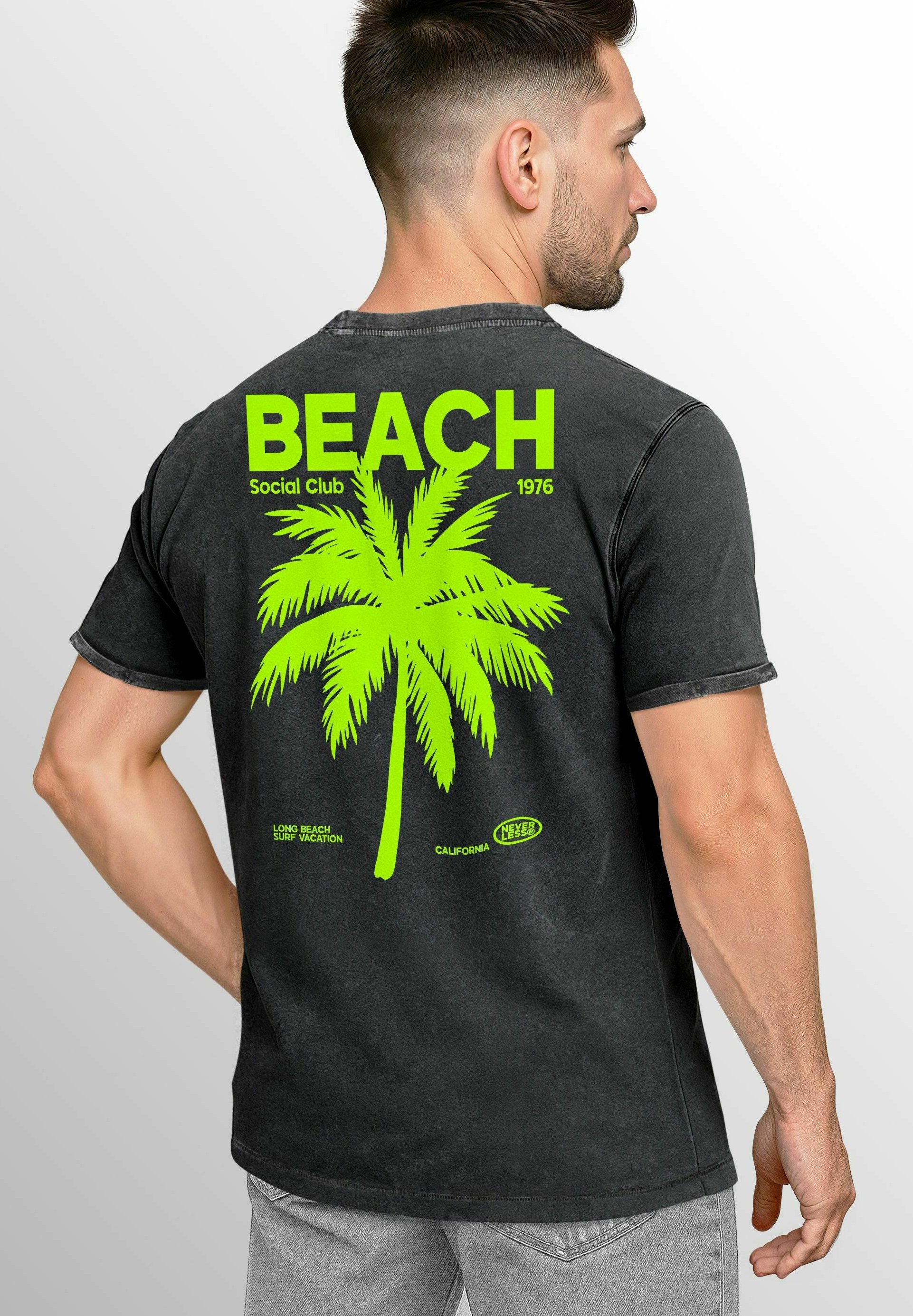 Neverless® Herren Vintage T-Shirt – Line Art Cocos Beach Print, Used Look & Slim Fit Aus 100% Baumwolle