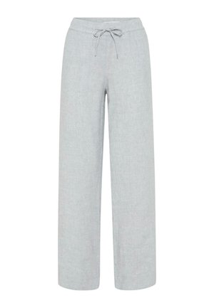 Pantalon large en lin gris clair avec une taille élastique et une fermeture à cordon à l'avant, présenté sur un fond blanc.