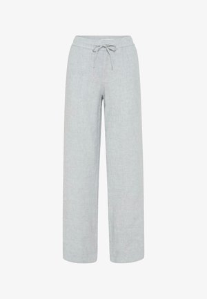 Lichtgrijze linnen broek met wijde pijpen, een elastische tailleband en een sluiting met een koordje aan de voorkant, weergegeven op een witte achtergrond.