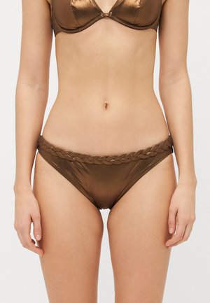 Brown metallic bikini bottom with a braided waistband. The fabric has a smooth texture, featuring a low-rise cut and minimal coverage design.