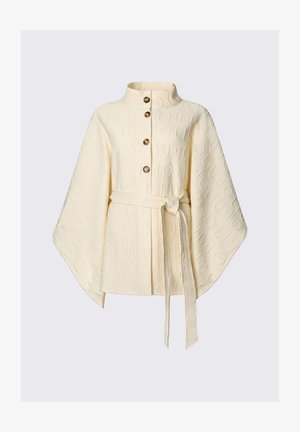 Giacca avvolgente color crema con motivo strutturato, collo alto, chiusura con bottoni e cintura annodata. Presenta maniche larghe e tessuto morbido.