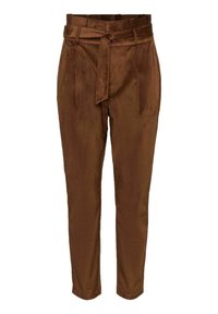 Bruna högmidjade kordbyxor med knyten bältesband, avsmalnande ben och veck fram, visade mot en vit bakgrund.