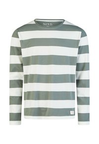 Tričko s dlouhým rukávem s střídavými vodorovnými pruhy v olivově zelené a bílé barvě, kulatým výstřihem a měkkým bavlněným materiálem s visačkou na lemu.
