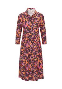 Knoopjurk met een abstract bloemenpatroon in levendig roze, oranje en zwart. Middellange jurk met lange mouwen en een kraag.
