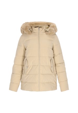 Beige színű puffdzseki, műszőrme béléssel ellátott kapucnival, függőleges steppelésű textúrával, cipzáros záródással és gombos részletekkel ellátott oldalsó zsebekkel.