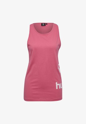 Pinkes ärmelloses Sporttop mit rundem Ausschnitt und weißem Markenlogo, das teilweise unten rechts sichtbar ist.