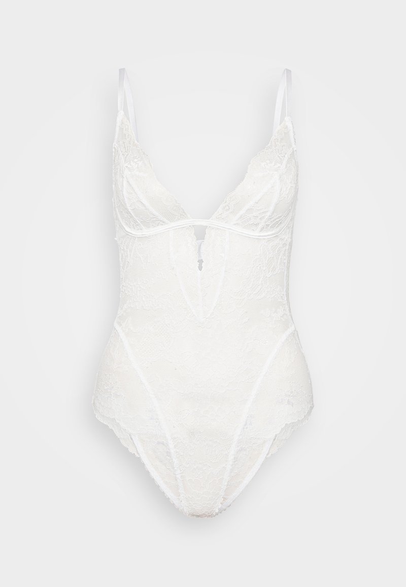 White lace bodysuit with a deep V-neckline, thin straps, floral pattern, and sheer texture; features a keyhole detail at the front.