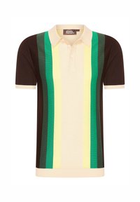 Polo de rayas verticales en verde, amarillo y marrón. Tejido de punto con un cuello beige y una tapeta de tres botones.