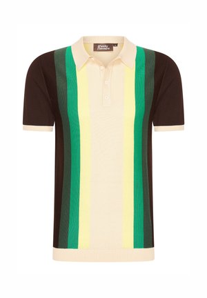 Polo shirt featuring vertical stripes in green, yellow, and brown. Knitted fabric with a beige collar and three-button placket.
