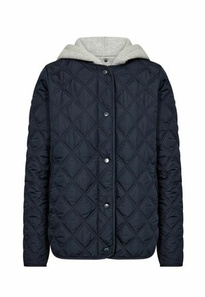 Donkerblauw gewatteerd jack met een grijze capuchon. Voorzien van drukknopen, een diagonale stikpatroon en lange mouwen. Zachte stoftextuur.