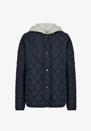 Giacca trapuntata blu navy con cappuccio grigio. Presenta bottoni a pressione, motivo di cucitura diagonale e maniche lunghe. Tessuto dalla texture morbida.