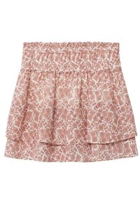 Blumenmuster, gestufter Rock in sanftem Rosa und Creme. Mit einem gerafften Taillenbund und leichtem Stoff, der die Luftzirkulation und den Komfort verbessert.