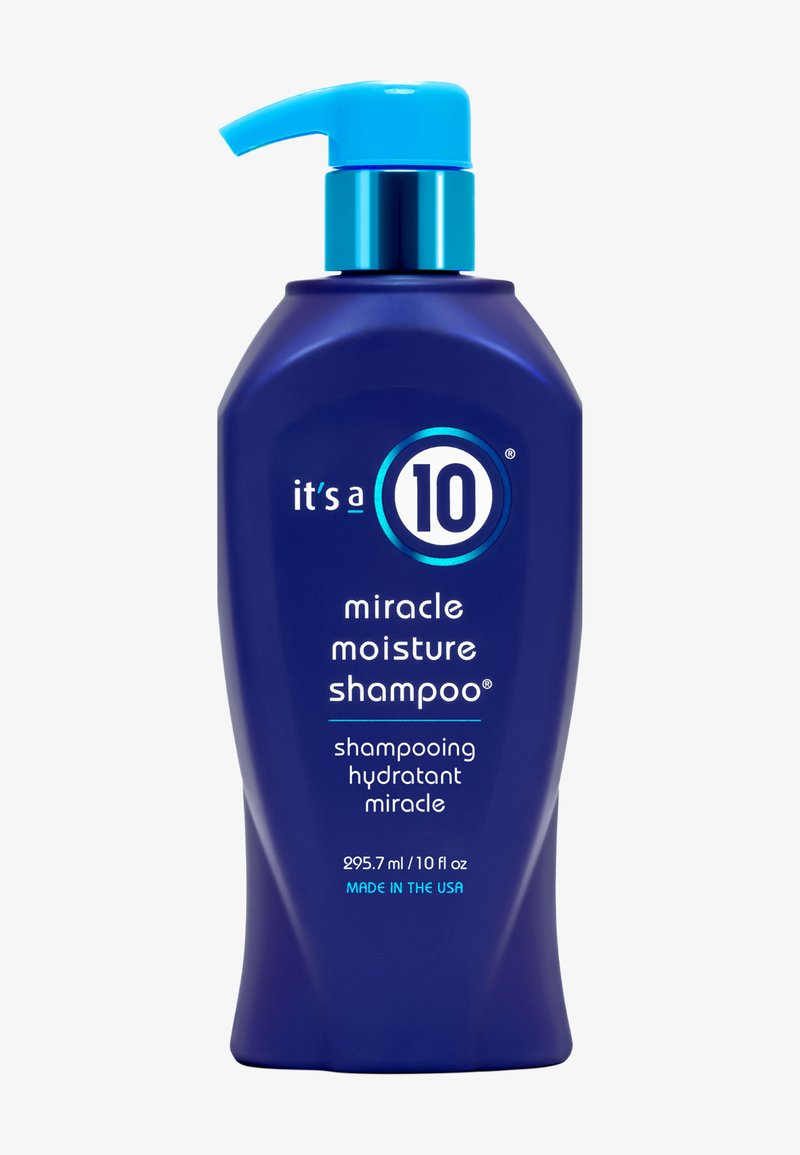 Bouteille bleu foncé avec pompe bleu clair portant l'étiquette "it's a 10 miracle moisture shampoo" 295,7 ml, fabriquée aux États-Unis.