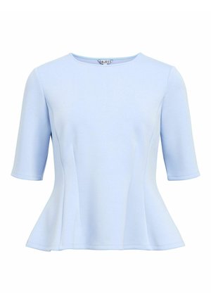 Hele sinine peplum-top, mis on valmistatud venivast materjalist, ümara kaeluse ja lühikeste varrukatega. Laienev disain koos peente õmblustega esiküljel.