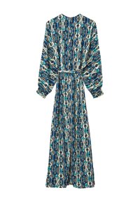 Robe maxi manches longues avec un motif abstrait vertical bleu, blanc et noir, taille cintrée et poignets froncés.
