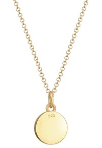 Colier placat cu aur, cu un lanț fin cu zale și un pandantiv rotund marcat "925" pentru argint sterling. Suprafață netedă, design minimalist.