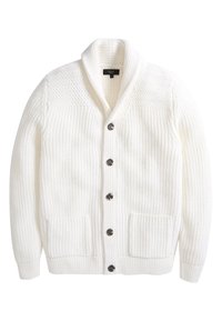 Cream-colored knit cardigan with a shawl collar, textured pattern on shoulders, six dark buttons, and two front pockets.
