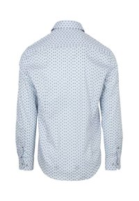Helles blaues Langarmhemd mit einem gepunkteten Muster, klassischem Kragen und geknöpften Manschetten. Gerader Saum und weiche Stofftextur.