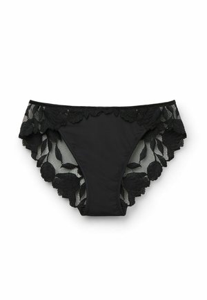 Zwarte onderbroek met bloemenkant rand. De voorkant is glad, terwijl de achterkant transparant kant heeft met een golvende rand en bloemenpatroon.