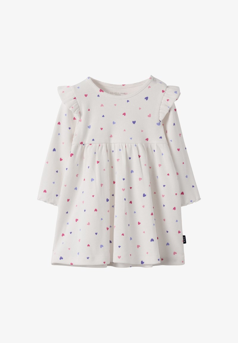 Langærmet kjole i hvid ribbet stof med en samlet talje. Har farverige hjerte mønstre i pink og lilla samt flæse detaljer på skuldrene.