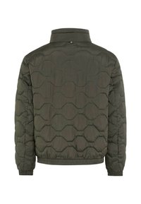 Polstret jakke i mørke olivengrøn med et quiltet mønster. Har en høj krave og elastiske manchetter. Letvægts, åndbart materiale.