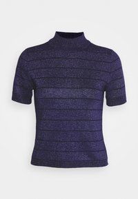 Lyhythihainen violetti yläosa, jossa on puolikaulus ja teksturoitu raidallinen kuvio metallinhohtoisena.