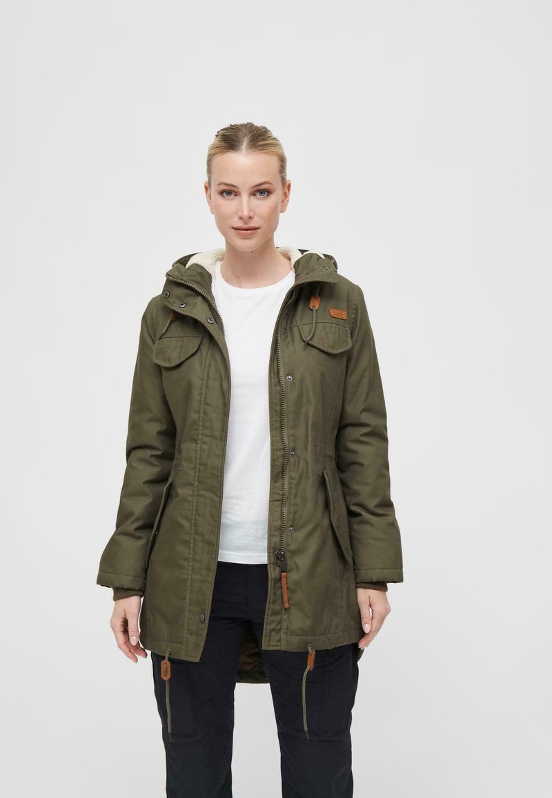 Olive green, mid-length jacket with a fur-lined hood, zip closure, two front pockets, and brown leather accents.