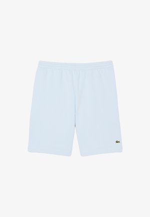 Pantalones cortos de algodón azul claro con cinturilla elástica, que presentan un pequeño logo verde de Lacoste en la parte inferior izquierda. Sin bolsillos.