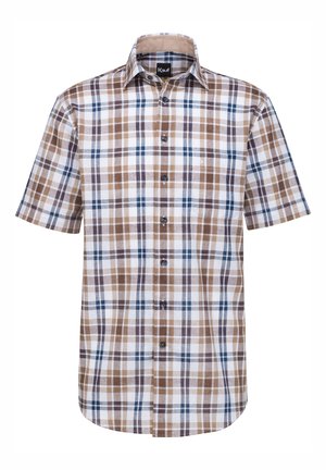 Camicia a maniche corte a quadri marrone, bianca e blu, con design button-down e taschino sul petto. Realizzata in tessuto leggero.