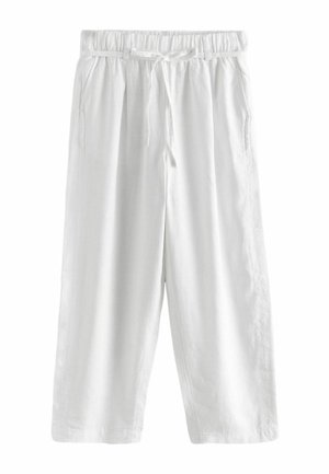Weiße Leinen-Culottes mit elastischem Bund, Kordelzug und seitlichen Taschen; glatte Textur, weit geschnittenes Design.