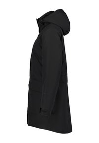 Cappotto invernale lungo nero con cappuccio, polsini regolabili, zip laterale e lunghezza a metà coscia, mostrato da un profilo laterale sinistro.