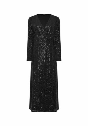 Abito avvolgente nero con maniche lunghe, realizzato in tessuto lucido di paillettes. Presenta un profondo scollo a V e una silhouette fluente, che arriva a metà polpaccio.