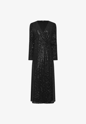 Czarna sukienka o kroju kopertowym z długimi rękawami, wykonana z błyszczącego materiału z cekinami. Posiada głęboki dekolt w serek i luźną sylwetkę, sięgającą do połowy łydki.