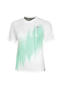 Camiseta deportiva blanca con un tejido texturizado, que presenta un patrón ondulado verde en el frontal y un logo destacado en el pecho.