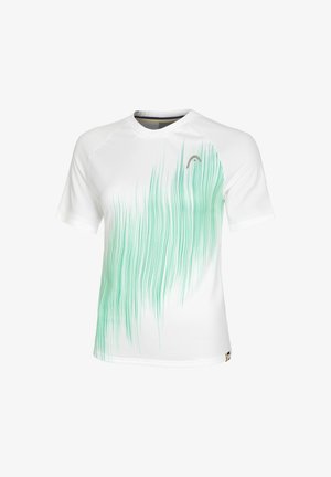 Camiseta deportiva blanca con un tejido texturizado, que presenta un patrón ondulado verde en el frontal y un logo destacado en el pecho.