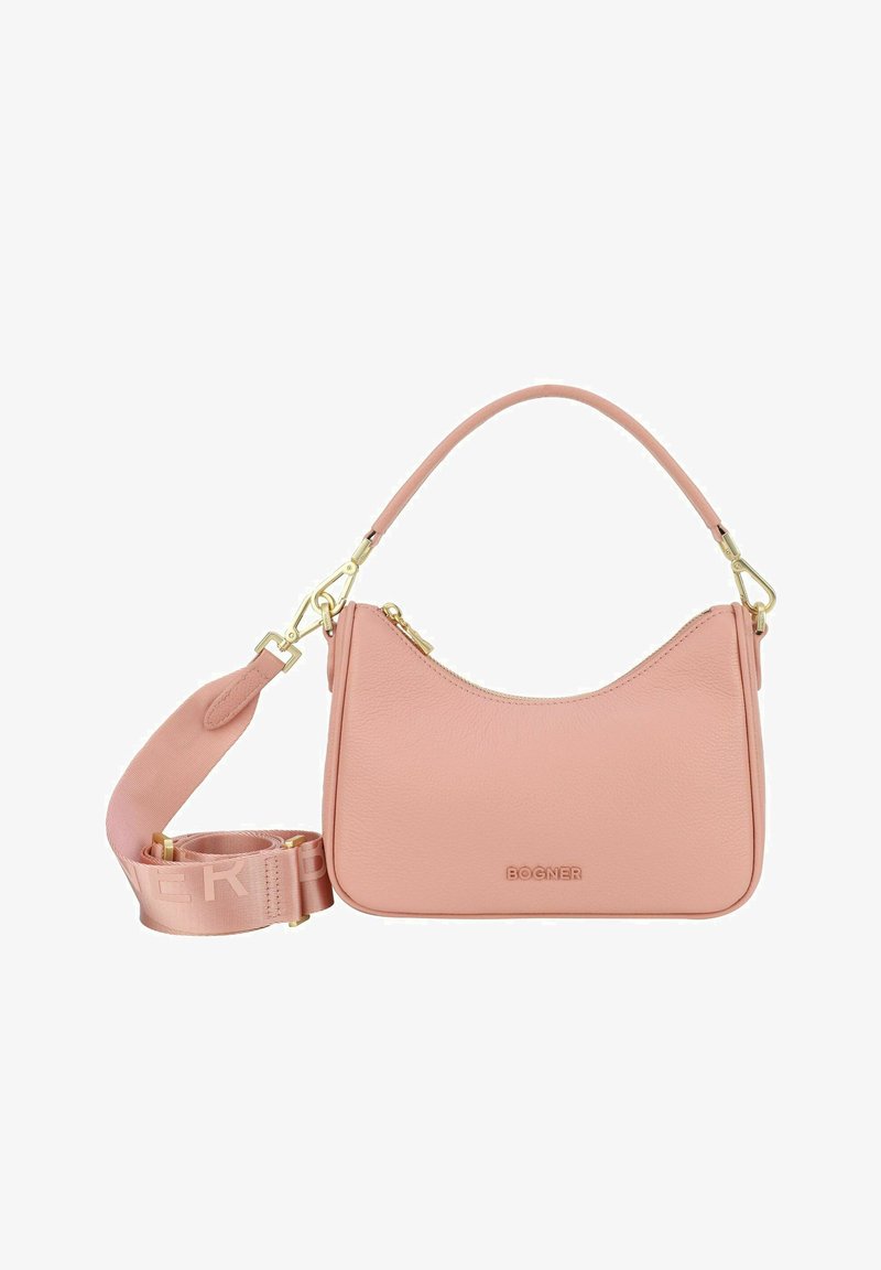 Rosa Lederhandtasche mit geschwungener Silhouette, goldenen Hardware-Details und einem abnehmbaren Trageriemen mit Logo-Muster. Insgesamt glatte Textur.