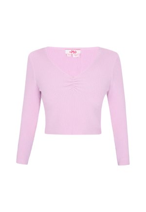 Ribbet, lyserød cropped top med lange ærmer og V-halsudskæring. Har rynkede detaljer foran i midten.