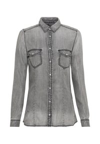 Gray denim shirt featuring long sleeves, pointed collar, front button closure, and two chest pockets with contrasting stitching details.