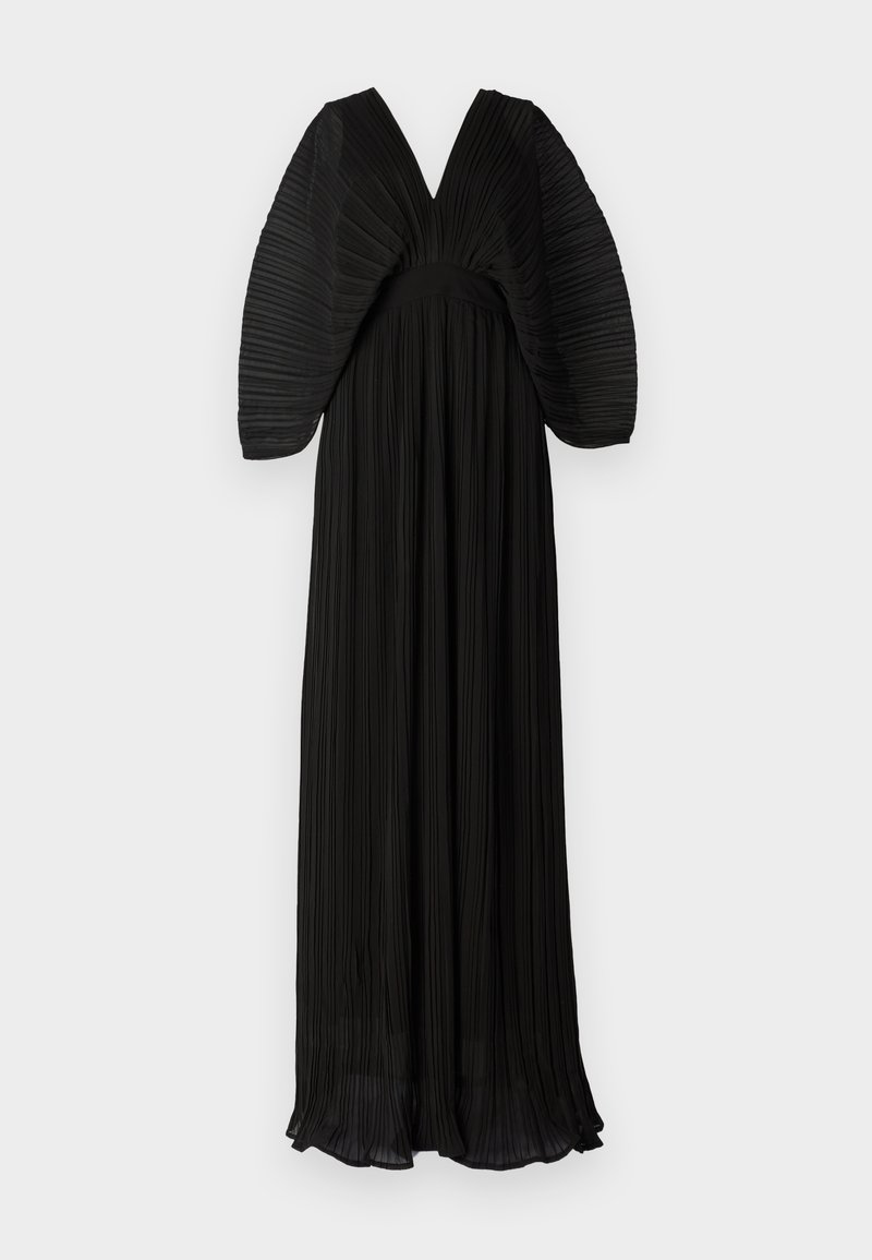 Schwarzes Plissékleid mit tiefem V-Ausschnitt und voluminösen, strukturierten Ärmeln. Der Stoff hat eine weiche Textur und einen fließenden Schnitt.