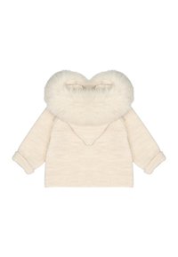 Suéter beige pálido con capucha de piel sintética blanca y esponjosa, tela texturizada, puños enrollados y escote en forma de V en la parte trasera.