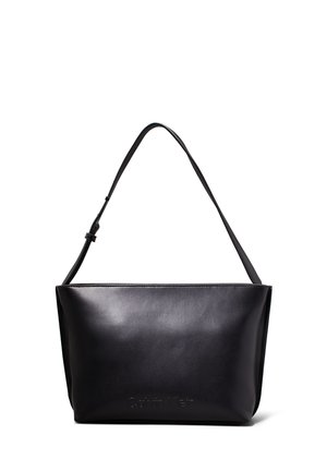 Black leather tote bag with a smooth texture, rectangular shape, and adjustable strap. Features subtle branding on the front.