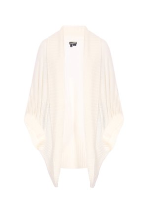 Lang cardigan med åben front i blødt, off-white strikstof. Har brede ærmer, ribstrikket tekstur og en løs pasform. Ingen lukninger.
