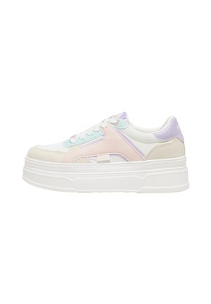 Low platform sneaker with white base, pastel pink, purple, and light blue fabric overlays and white laces.