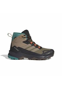 Brown and black hiking boot with a textured upper, orange accents, rubber sole, and teal collar. Features breathable and waterproof material.