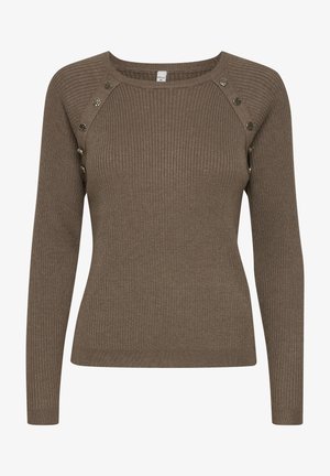 Brun ribbet sweater med lange ærmer og en bred udskæring, med dekorative knapper på skulderen og en tætsiddende design.
