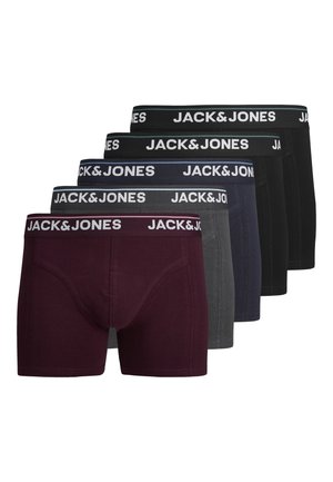 Pakke med fem herreboxershorts i burgundy, grå, navy og sort med sorte linninger og hvide "JACK&JONES"-logoer.