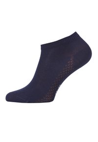 Chaussette de cheville marine en matériau doux et extensible. Elle présente un motif texturé sur le côté et une bordure côtelée pour le confort et l'ajustement.